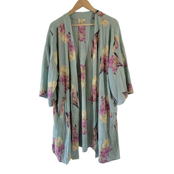 NEW KORI Blue Floral Kimono Top Sz L Back Lace-Up Open Front Beachy Cottagecore - Picture 12 of 12